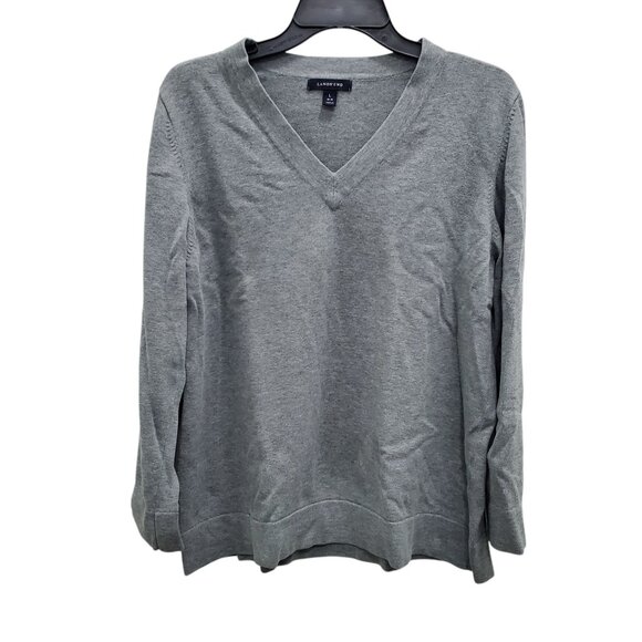 Lands' End Women's Gray Basic 100% Cotton Classic V-Neck Sweater Size L (14-16) - Picture 1 of 8